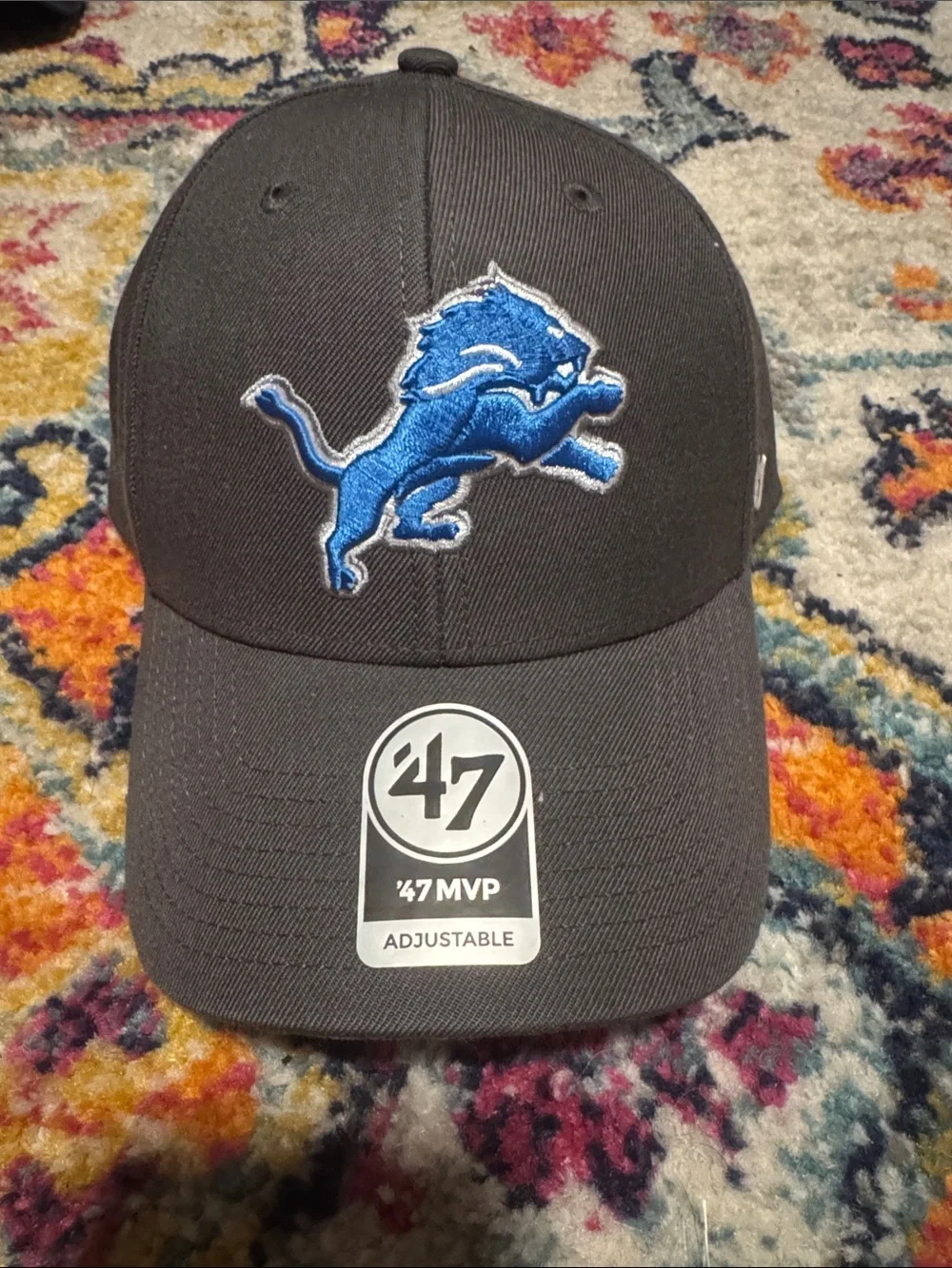 47 Black Baseball Cap with Blue Detroit Lions Logo